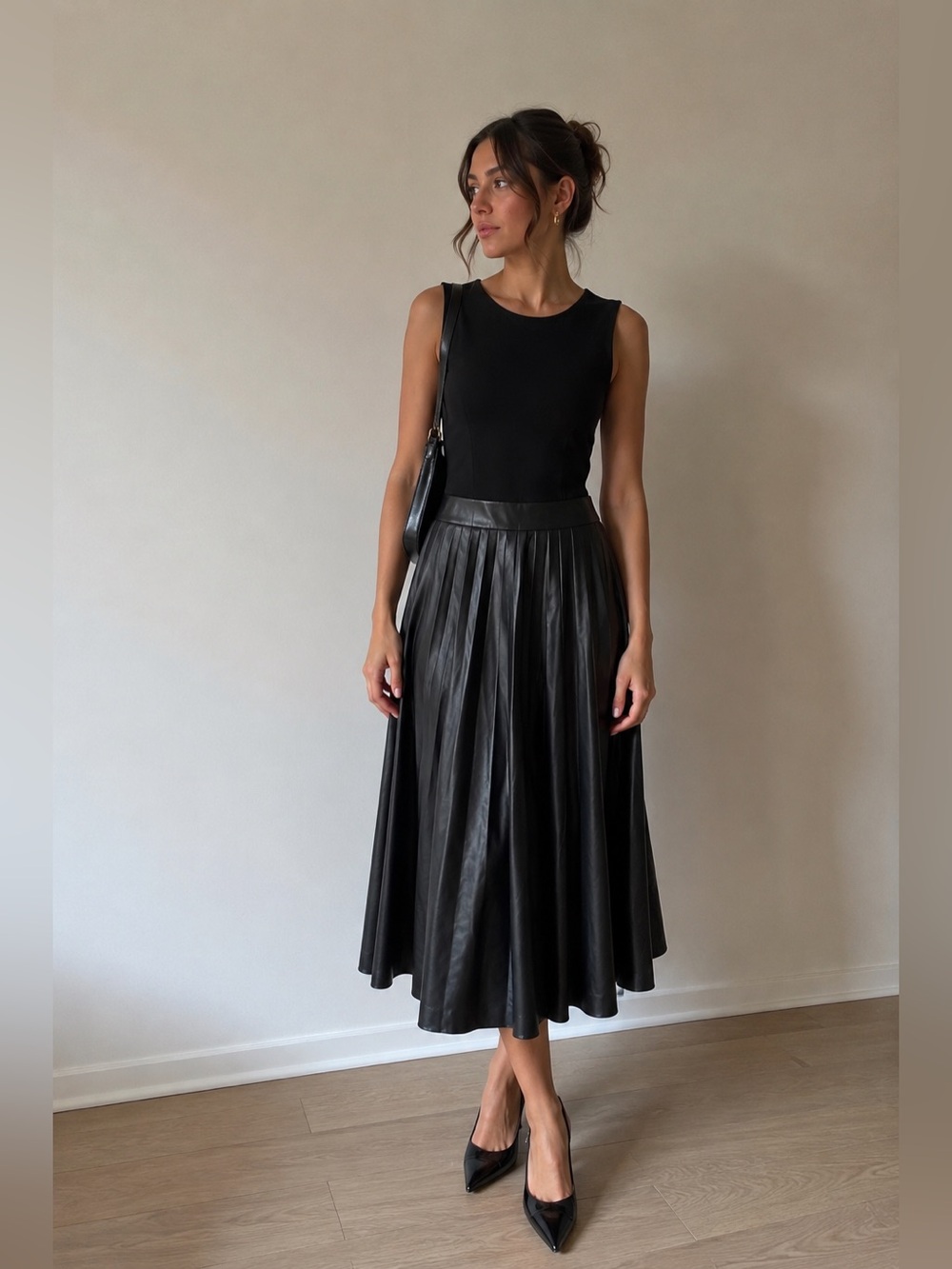 Marc New York Black Fit & Flare Dress with Faux Leather Pleated Skirt